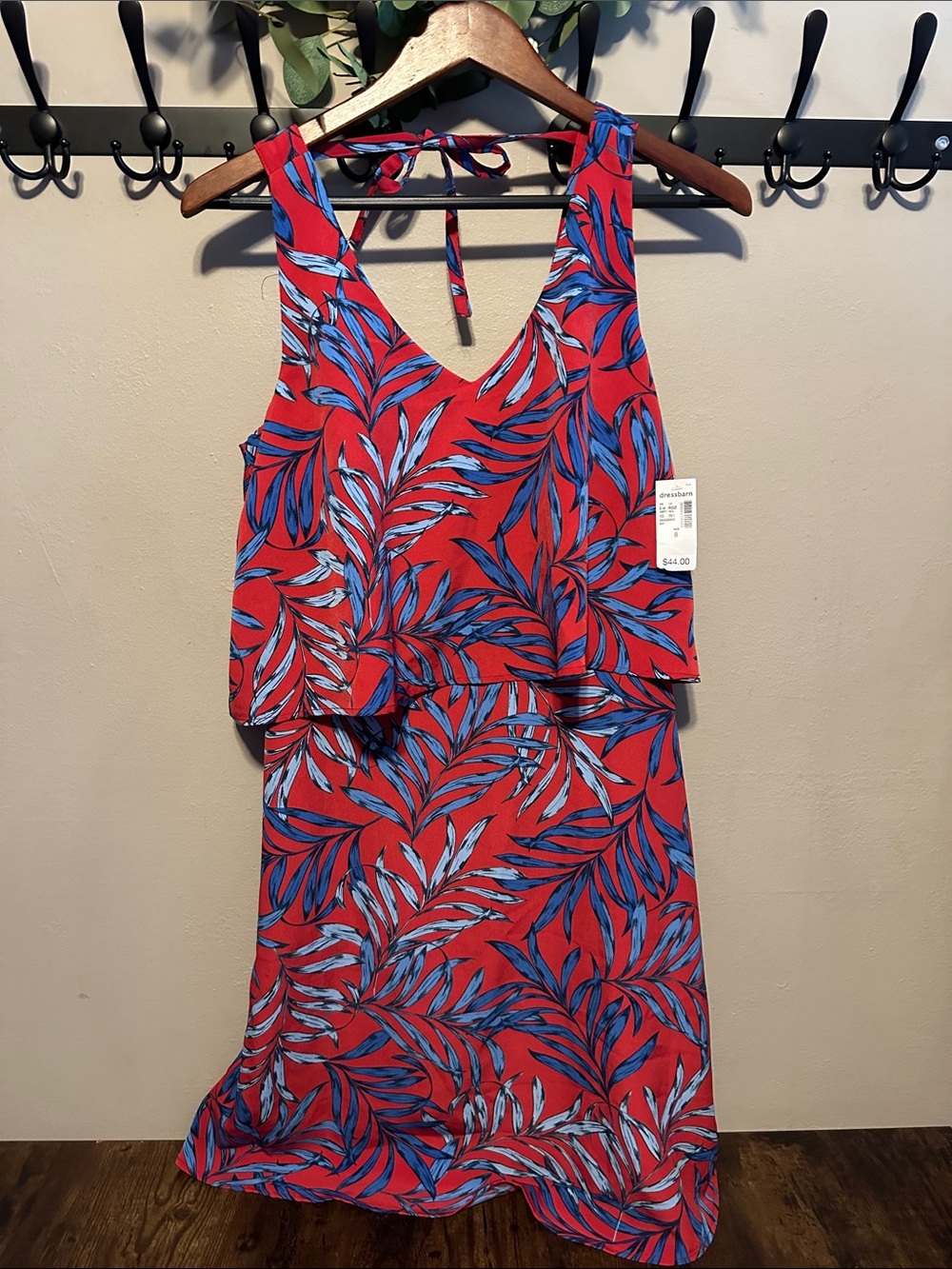 Roz & Ali Red Dress with Blue Leaf Print NWT